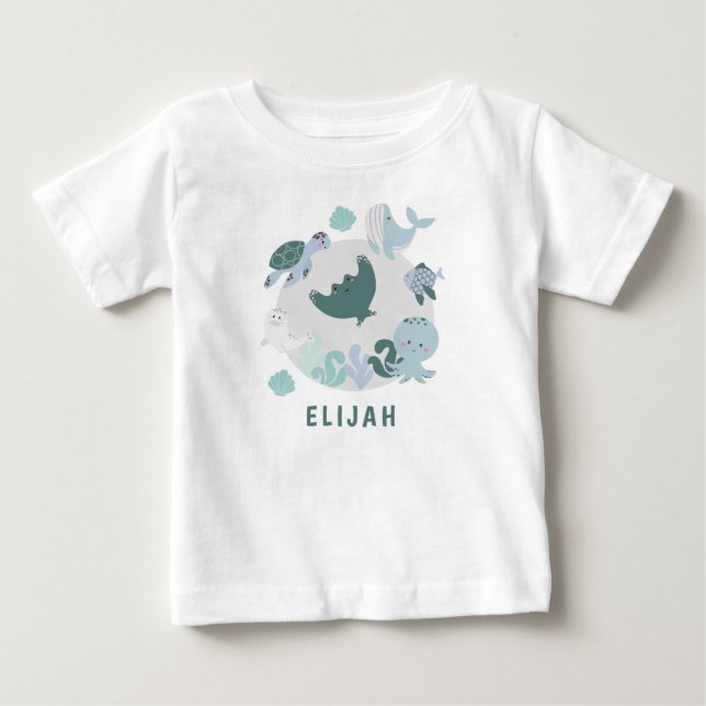 Boys Blue Under The Sea Ocean Animals WIth Name Baby T-Shirt (Front)