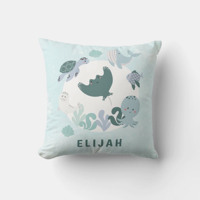 Boys Blue Under The Sea Ocean Animals WIth Name Cushion (Front)