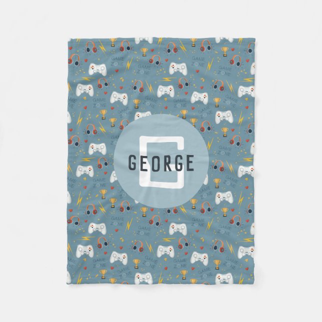 Boys Blue Video Game Kids Cool Monogram Fleece Blanket (Front)