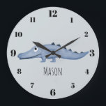 Boys Blue Watercolor Crocodile Safari Name Nursery Large Clock<br><div class="desc">This cool and cute children/baby's clock features a blue watercolor crocodile,  and space for your little boy's name,  and would be a perfect addition to your baby's nursery or kids room. Check out the rest of our collection for other cute blue safari animals!</div>