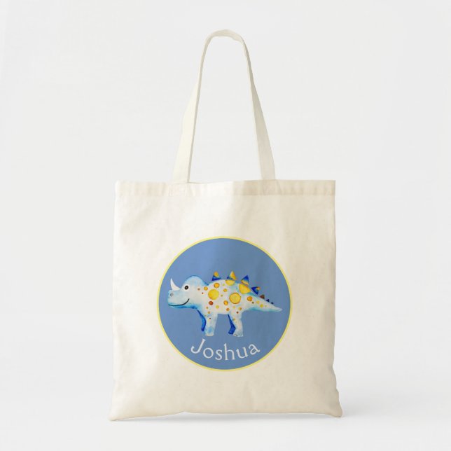 Boys Blue Watercolor Dinosaur and Name Kids Tote Bag (Front)