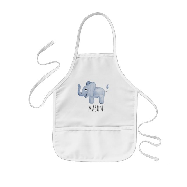 Boy's Blue Watercolor Elephant Safari with Name Kids Apron (Front)