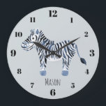 Boy's Blue Watercolor Zebra Safari Nursery Name Large Clock<br><div class="desc">This cool and cute children/baby's clock features a blue whimsical watercolor zebra,  and would be a perfect addition to your little one's nursery or room. Check out the rest of our collection for other cute blue boy's safari animals!</div>
