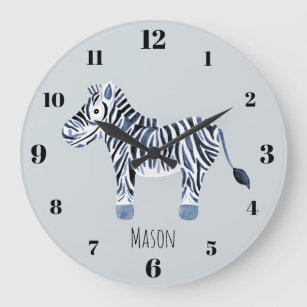 Boy's Blue Watercolor Zebra Safari Nursery Name Large Clock