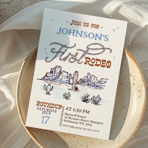 Boys Blue Western Desert First Rodeo 1st Birthday Invitation