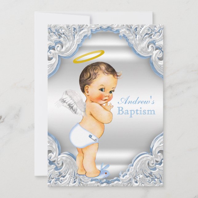 Boys Blue White Angel Boy Baby Baptism Invitation (Front)