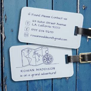Boys Blue World Map & Compass Line Art Adventure Luggage Tag
