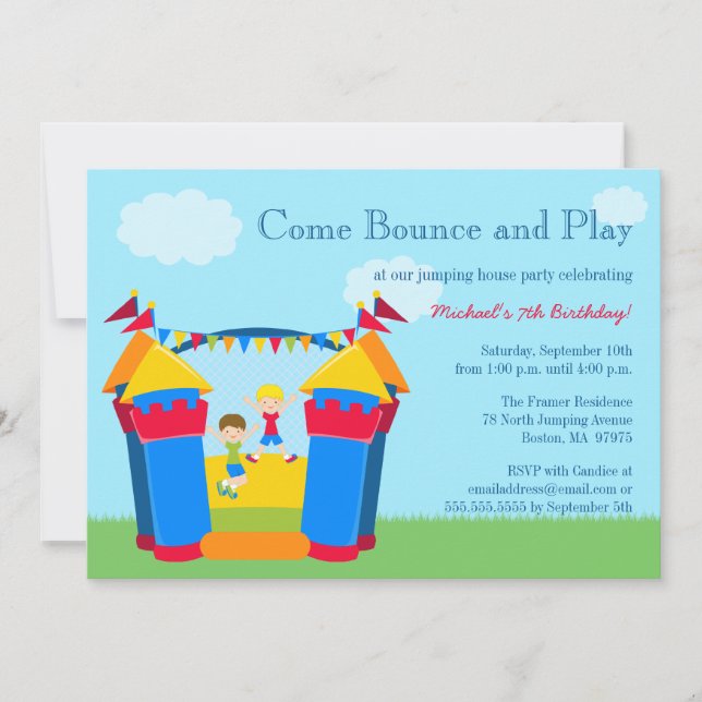 Boy's bounce house birthday party invitation (Front)