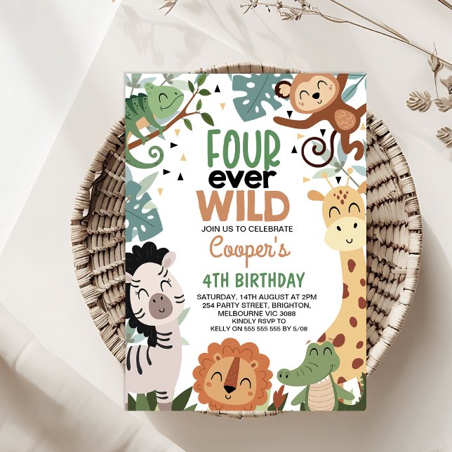 Boys Brown Green Four Ever Wild 4th Birthday Invitation (Four Ever Wild 4th Birthday Invitation Template Boy, Safari Animals 4th Birthday Invitation, Jungle )