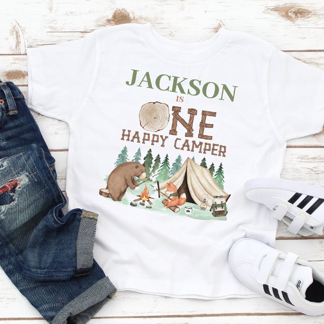Boys Brown Green One Happy Camper 1st Birthday Baby T-Shirt (Sweet Happy Camper 1st Birthday T-shirt For Baby Boy, Brown Bear Tent Wood-like Words Pine Trees)