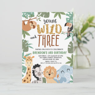 Boys Brown Green Young Wild Three 3rd Birthday Invitation