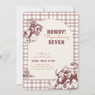 Boys Brown Plaid Cowboy Rodeo 7th Birthday Invitation