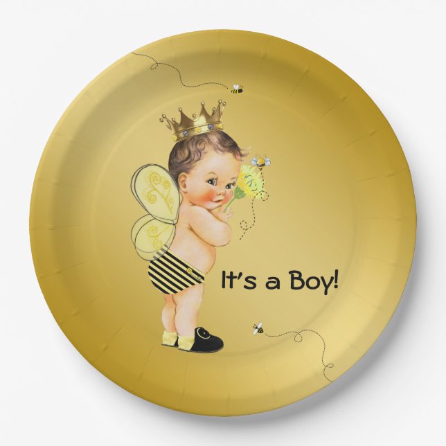 Boys Bumble Bee Baby Shower Paper Plate (Front)