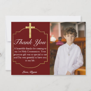 Boys Burgundy Gold Cross 1st Communion Thank You Card