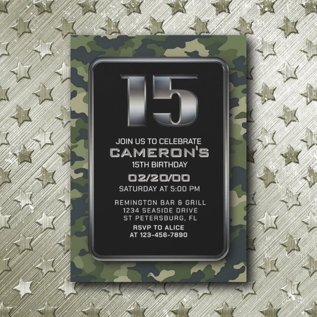 Boys Camo Hunting Army 15th Birthday Invitation (Creator Uploaded)