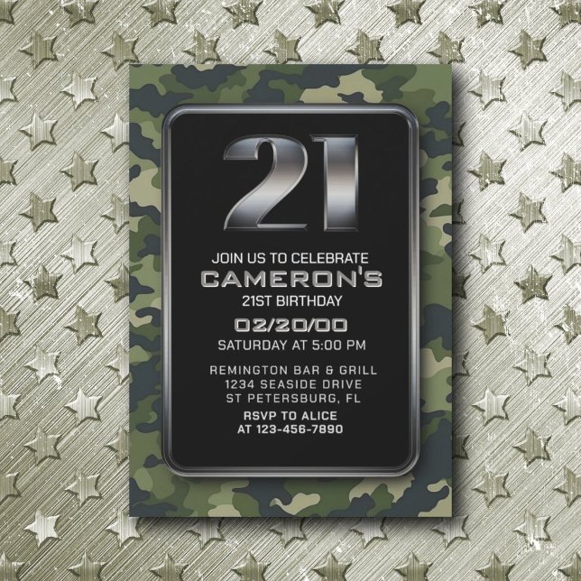 Boys Camo Hunting Army 21st Birthday Invitation (Creator Uploaded)