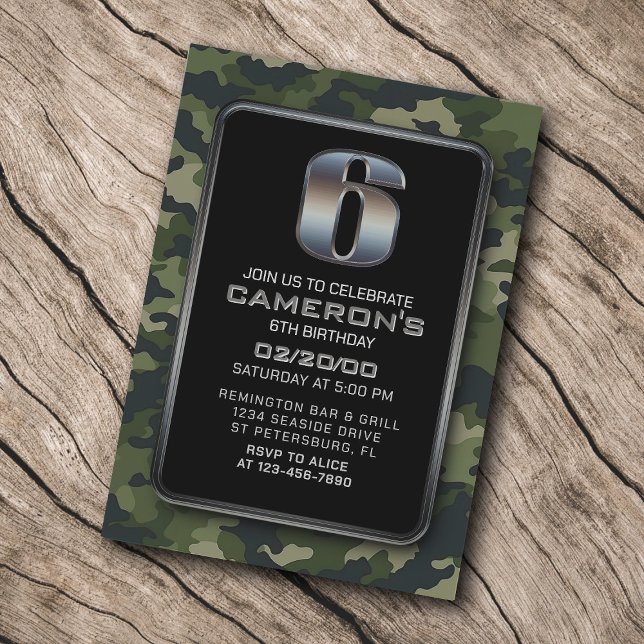 Boys Camo Hunting Army 6th Birthday Invitation (Creator Uploaded)