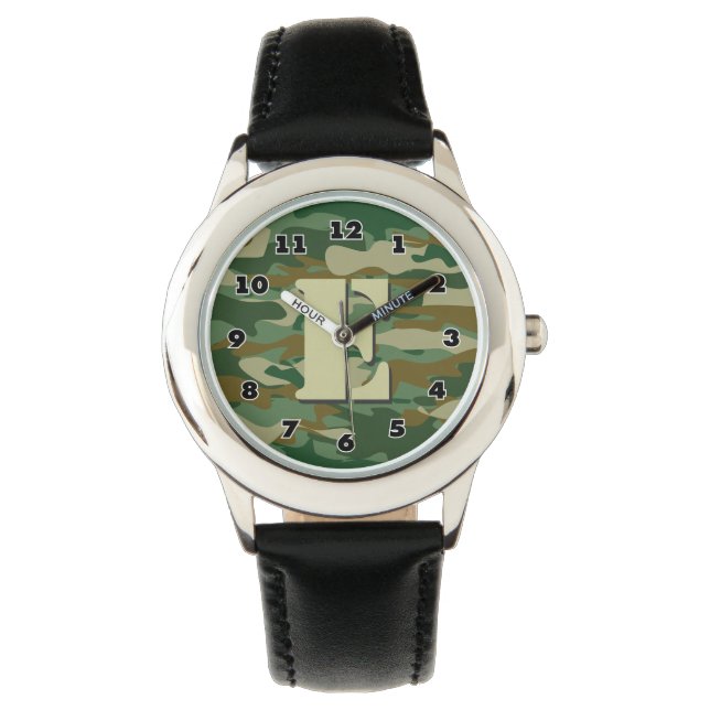 Boys camo watch | personalised letter E monogram (Front)