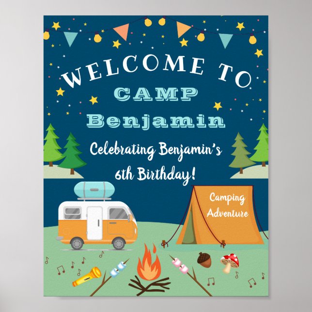 Boys Camping Birthday Camp Out Party Welcome Poster (Front)
