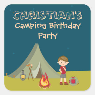 Boy's camping birthday party personalised stickers