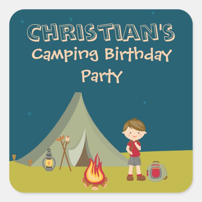 Boy's camping birthday party personalised stickers (Front)