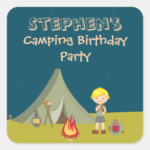 Boy's camping birthday party personalised stickers