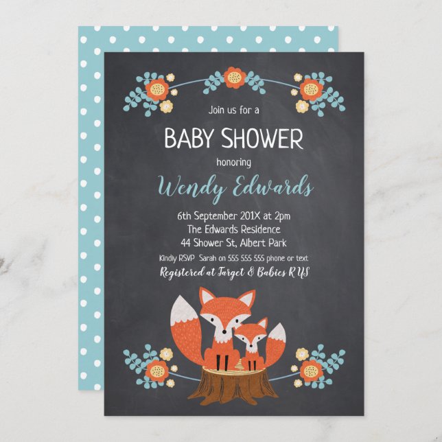Boys Chalkboard Fox Baby Shower Invitation (Front/Back)