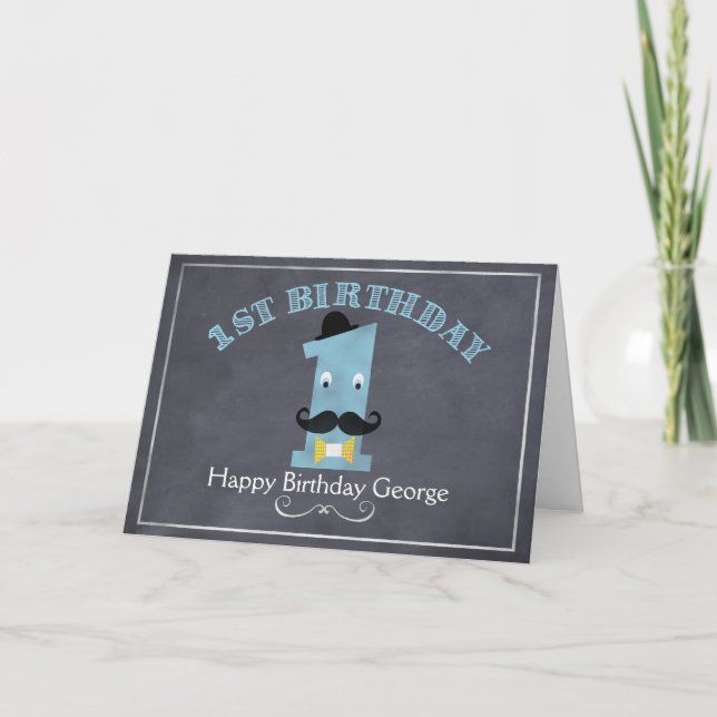 Boys Chalkboard Moustache 1st Birthday Card (Front)