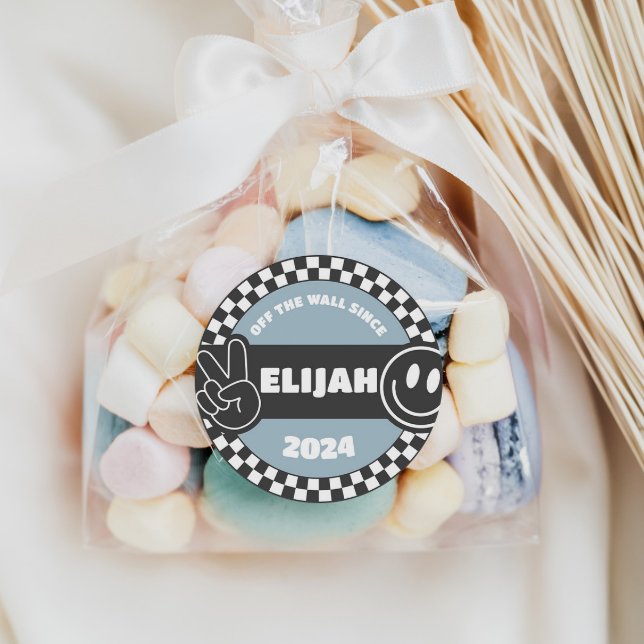 Boys' Chequered Skateboard Groovy Hippie Birthday Classic Round Sticker (Creator Uploaded)