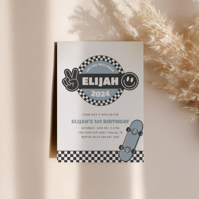 Boys' Chequered Skateboard Groovy Hippie Birthday Invitation (Creator Uploaded)