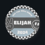 Boys' Chequered Skateboard Groovy Hippie Birthday Paper Plate<br><div class="desc">Celebrate your little skater in style with our blue rad boy's skateboard birthday disposable plates. This design features chequered elements, a skateboard, happy face, peace sign and other rad elements — all elements of this design are customisable to fit your little guys birthday theme! Perfect for first, second, third, fourth...</div>