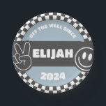 Boys' Chequered Skateboard Groovy Hippie Birthday Paper Plate<br><div class="desc">Celebrate your little skater in style with our blue rad boy's skateboard birthday disposable plates. This design features chequered elements, a skateboard, happy face, peace sign and other rad elements — all elements of this design are customisable to fit your little guys birthday theme! Perfect for first, second, third, fourth...</div>