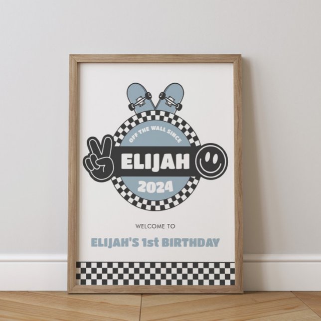 Boys' Chequered Skateboard Groovy Hippie Birthday Poster (Creator Uploaded)