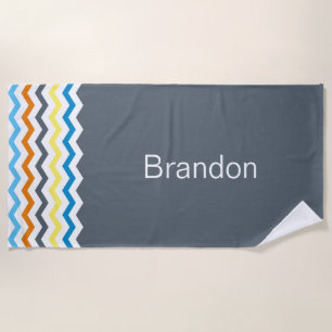 Boys Chevron Grey Blue Orange Pattern Personalised Beach Towel