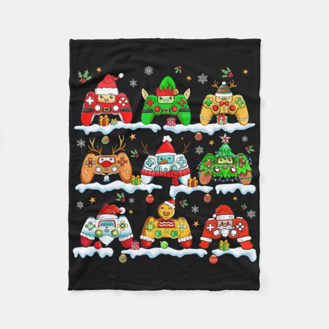 Boys Christmas Santa Elf Snowman Gaming Controller Fleece Blanket (Front)