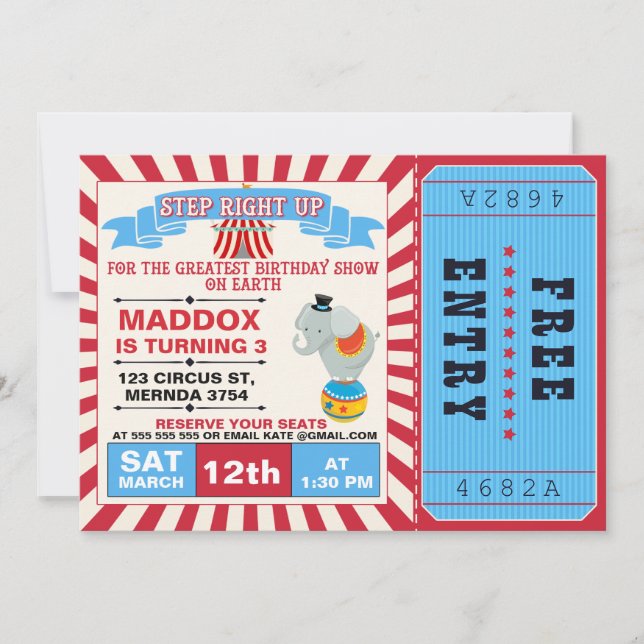 Boys Circus Ticket Birthday Party Invitation (Front)