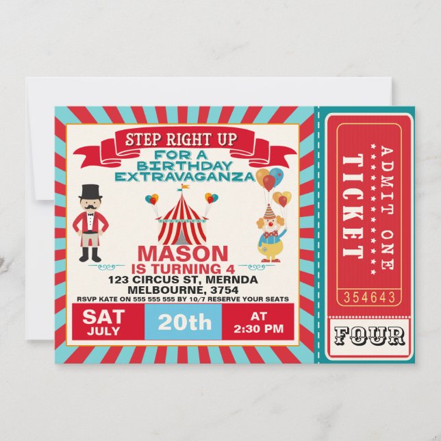 Boys Circus Ticket  Birthday Party Invitation (Front)