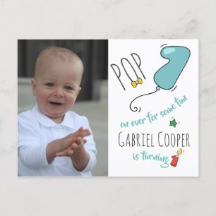 Boys Colourful Hand Drawn First Birthday Balloon Announcement Postcard