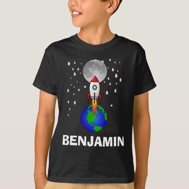 Boys Colourful Rocket Ship Space Galaxy and Name T T-Shirt (Front)