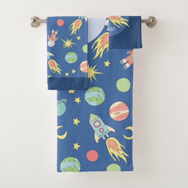 Boys Colourful Rocket Ship Space Pattern and Name Bath Towel Set (Insitu)