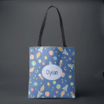Boys Colourful Rocket Ship Space Pattern and Name Tote Bag<br><div class="desc">This gorgeous kids tote bag features a beautiful and colourful hand drawn pattern in outer space, with rocket ships, astronauts, planets and stars all in the mix. The design also features a place for you to add your boys name. Perfect for any toddler or child, or for a new mum...</div>