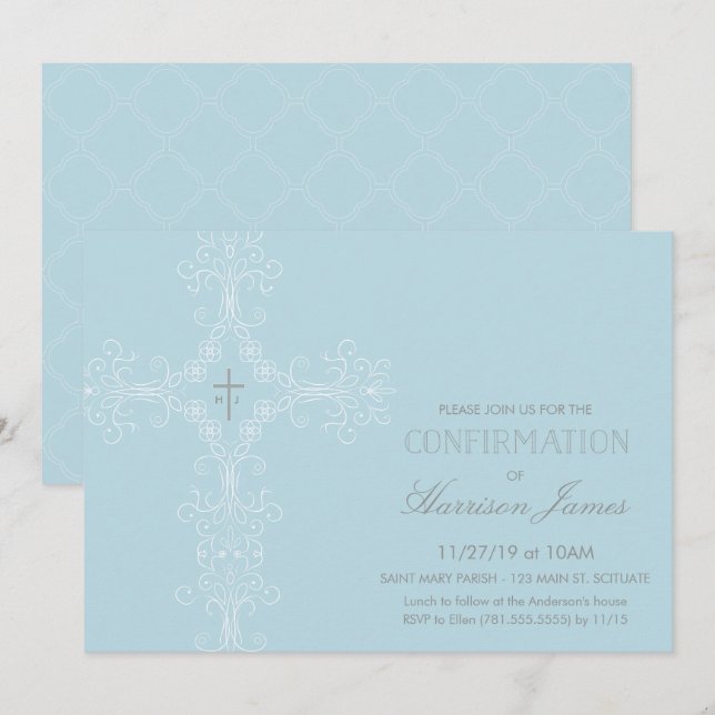 Boy's Confirmation Invitation with Cross, Initials (Front/Back)