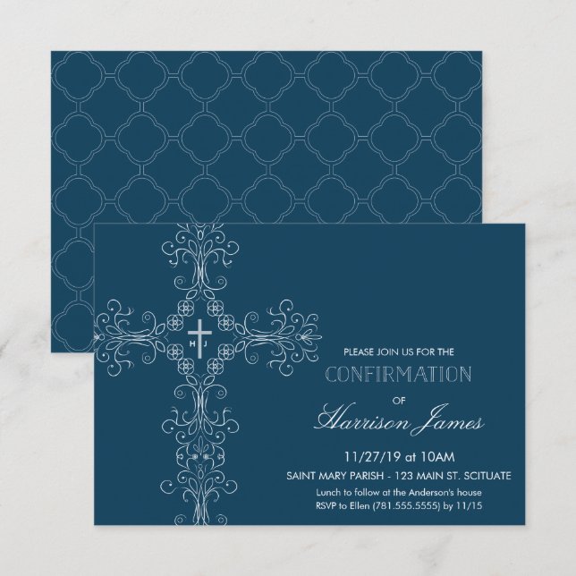 Boy's Confirmation Invitation with Cross, Initials (Front/Back)