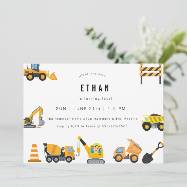 Boys Construction Birthday Party Theme  Invitation (Standing Front)