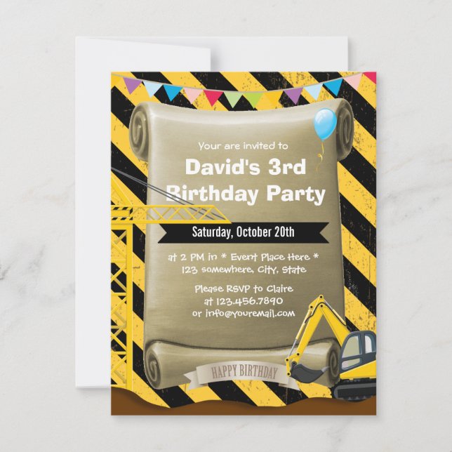 Boys Construction Excavator Birthday Party Invitation (Front)