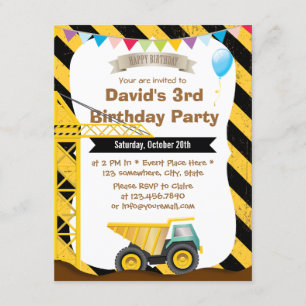 Boys Construction Theme Birthday Party Invitations