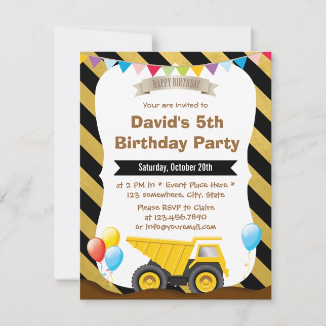 Boys Construction Truck Birthday Party Invitations (Front)