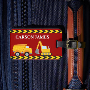 Boys Construction Trucks Personalised Red Kids Luggage Tag