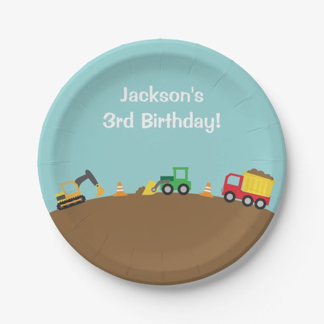 Boys Construction Vehicles Theme Birthday Party Paper Plate (Front)