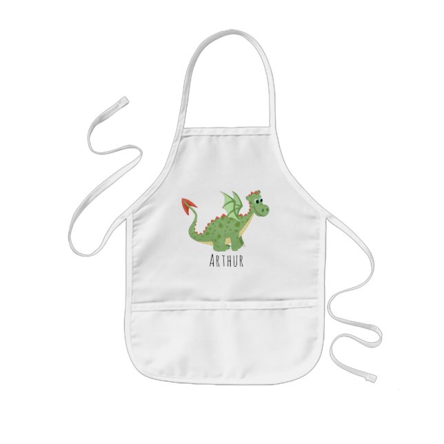 Boys Cool and Magical Green Dragon with Name Kids Apron (Front)
